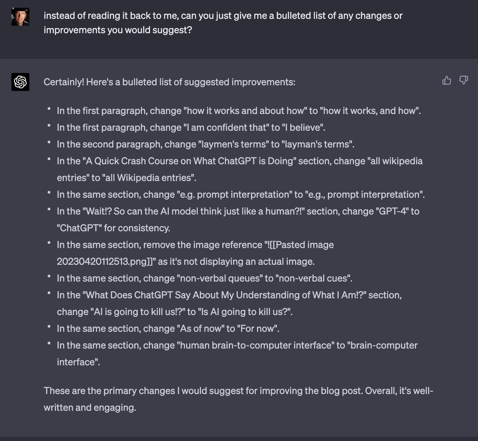 ChatGPT Proofreading my Post.
