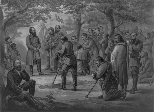Prayer in Stonewall Jackson's camp. Drawn by P. Kramer, engraved by J.C. Buttre.